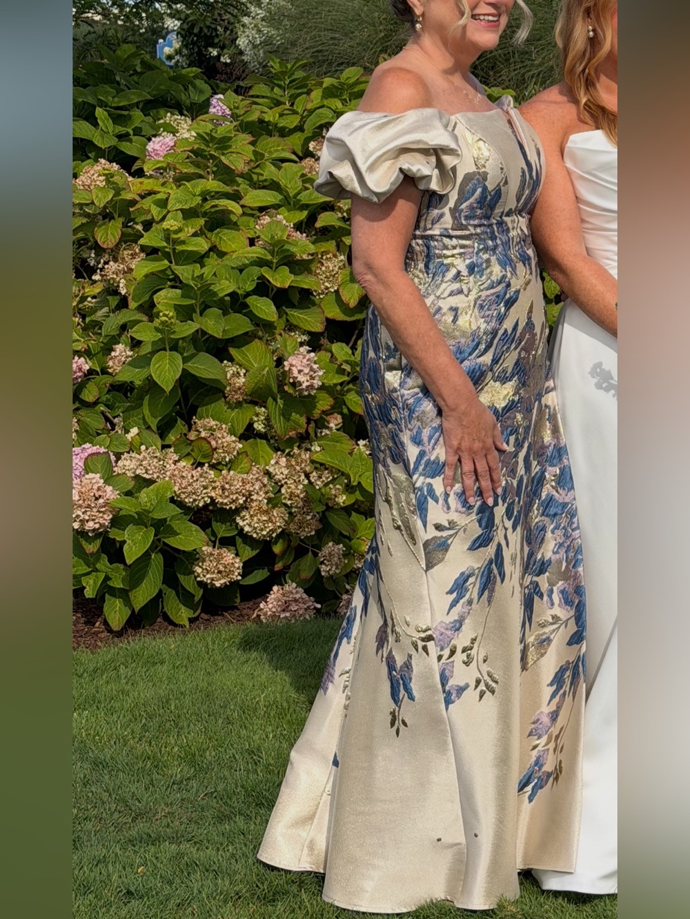 Rene Ruiz champagne Gown with wisteria Floral Jacquard puff sleeve fit and flare